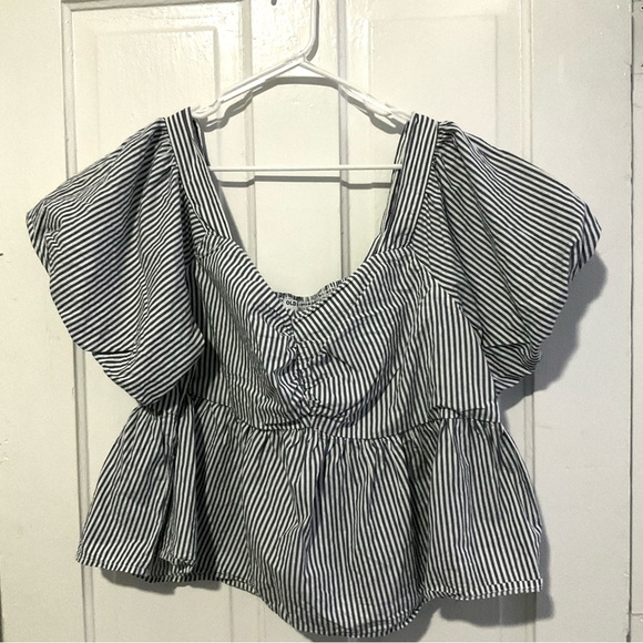 Plus Sized Puff-Sleeve Striped Ruched Smocked Babydoll Swing Blouse - Picture 5 of 8